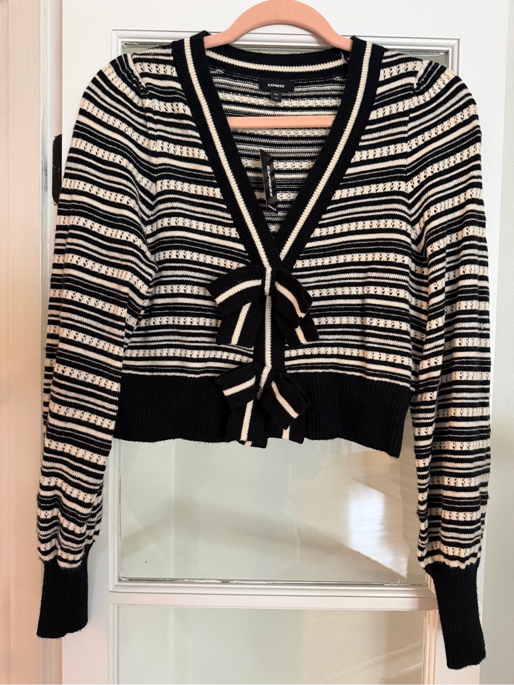 Express Black & Cream Striped Tie-Front Cropped Cardigan
